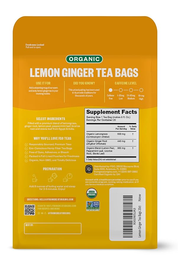 FGO Organic Lemon Ginger Tea, 20 Count, Eco-Conscious Herbal Tea Bags, Resealable Bag, Caffeine Free, Packaging May Vary (Pack of 1)