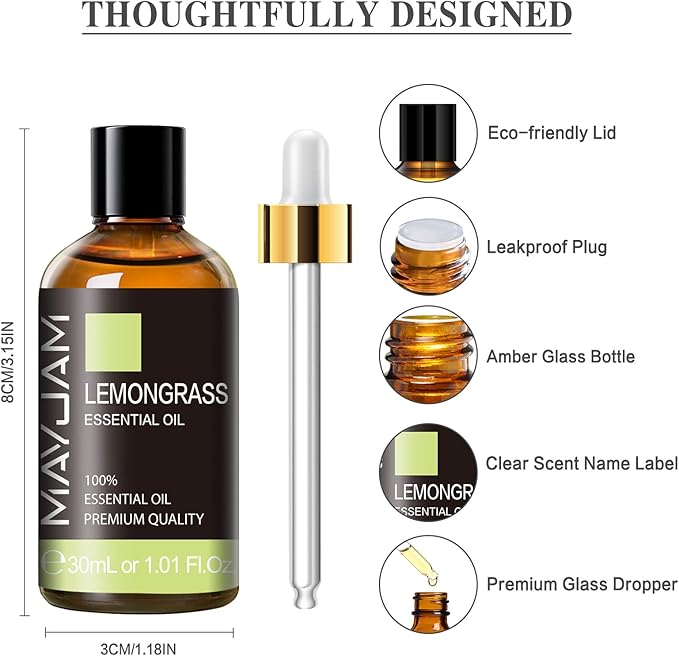 Lemongrass Essential Oil 30ML/1.01FL.OZ, MAYJAM Premium Lemongrass Oil Essential Oils with Glass Dropper, Great for Aromatherapy Diffuser and Candle Soap Making
