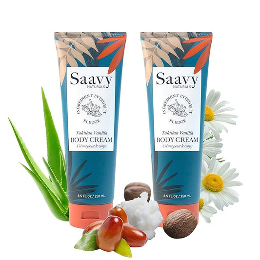 Saavy Naturals Tahitian Vanilla Body Cream for Men & Women, Absorbent Shea Butter Vegan Formula, Thick and Creamy, Naturally Scented Body Lotion for Dry Skin, 8.5 Oz, 2 Pack. Made in the USA