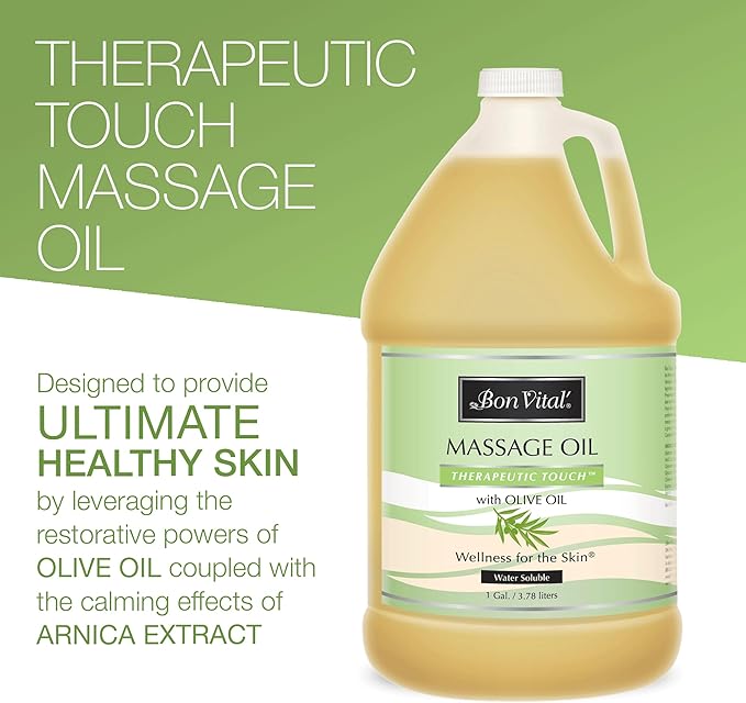 Bon Vital' Therapeutic Touch Massage Oil with Olive Oil to Repair Dry Skin & Soothe Sore Muscles, Lightweight Oil Perfect for Any Massage to Hydrate and Nourish Dry, Rough Skin, 1 Gal, Label may Vary