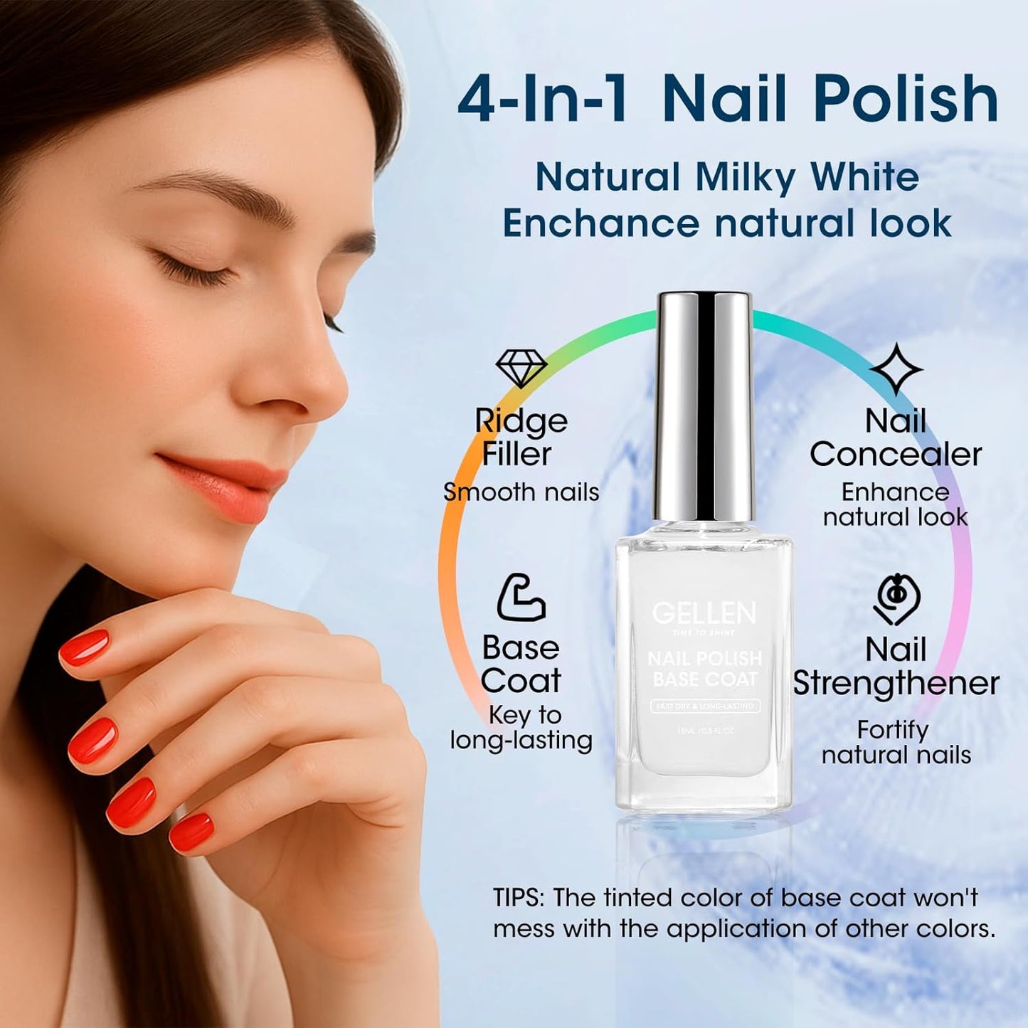 GELLEN Clear Nail Polish Base and Top Coat, Shine No Wipe Top Coat and Tinted Milky White Sheer Base Coat Strengthens Nails - Calcium, Quick Dry Regular Nail Polish, Not UV Gel, Hema Free, Non-toxic
