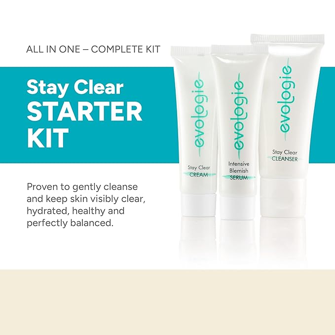 Evologie Stay Clear Starter Kit - Includes Stay Clear Cleanser, Intensive Serum, and Stay Clear Cream Moisturize - Skin Care Products Good For Teens, Men & Women - Travel Essentials Kit