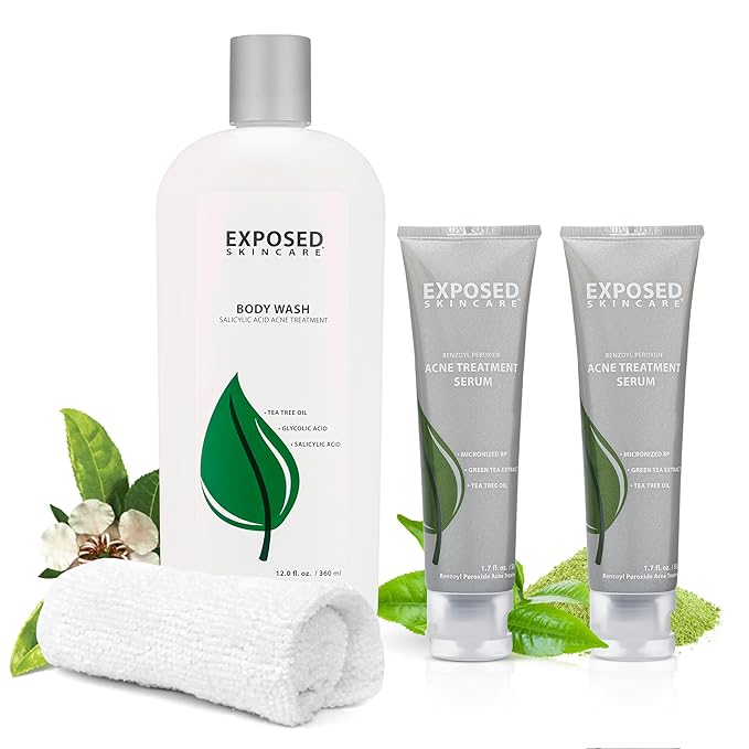Exposed Skin Care Body Acne Kit – Dual Acne Treatment Serums + Body Wash and Exfoliating Body Cloth – Powerful System Eliminates Pimples and Breakouts to Quickly Clear Back and Body Acne