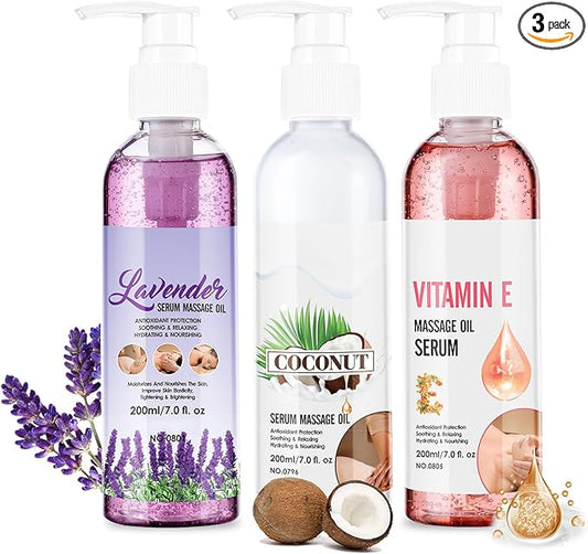 Body Massage Oil Serum, Lavender, Coconut & Vitamin E, Non-Greasy, Moisturising, 7 fl.oz x 3