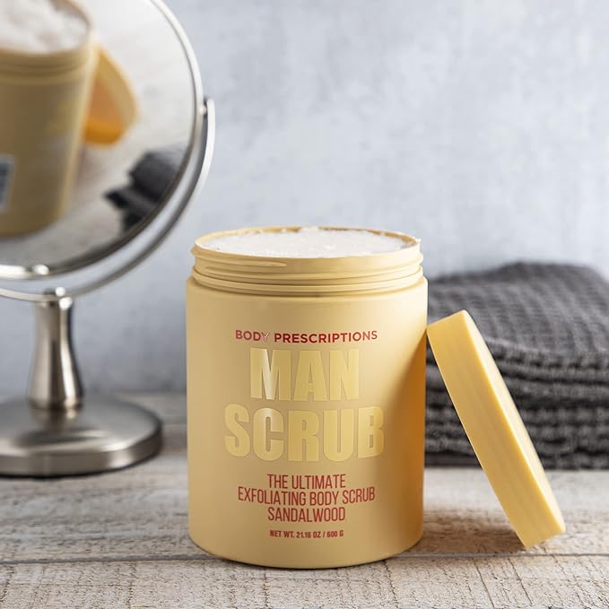 Body Prescriptions Men’s Exfoliating Body Scrub – Ultimate Skin Cleansing Wash in Jar with Twist-Top Lid, For All Skin Types, 21 Ounce (Pack of 1), Sandalwood