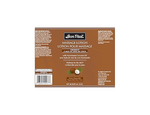 Bon Vital' Coconut Massage Lotion with 100% Pure Fractionated Coconut Oil, Lightweight Massage Lotion, Provides a Massage with Intense Skin Hydrating and Moisturizing 8 Oz, Label may Vary