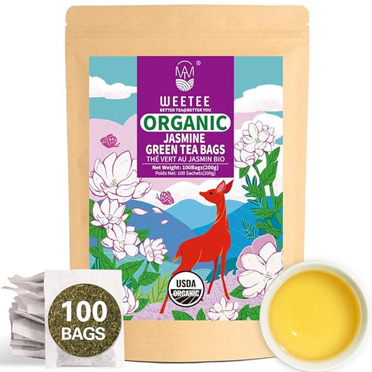 WT WEETEE Organic Jasmine Green Tea Bags, Organic Jasmine Scented Green Tea 100 Count, Refreshing & Relaxing, Coffee Alternative, No Artificial Flavors