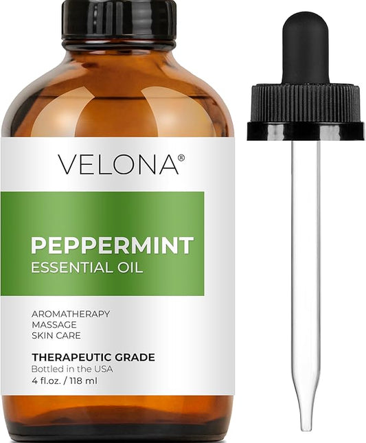 velona Peppermint Essential Oil 4 Fl Oz | Therapeutic Grade 100% Pure and Natural | for Aromatherapy Diffuser, Massage, Skincare, Haircare, Soapmaking | Undiluted and Multipurpose in Glass Bottle