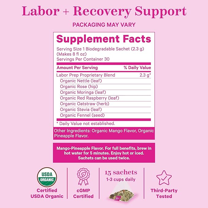 Pink Stork Organic Red Raspberry Leaf Labor Prep Tea - Mango-Pineapple with Nettle, and Moringa - Third Trimester Pregnancy Tea - Labor and Delivery Essentials for Women, 30 Cups