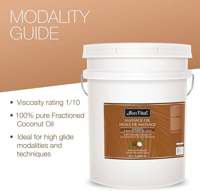 Bon Vital' Coconut Massage Oil with 100% Pure Fractionated Coconut Oil to Repair Dry Skin, Used by Massage Therapists and At-Home Use for Therapeutic Massages and Relaxation, 5 Gal, Label may Vary