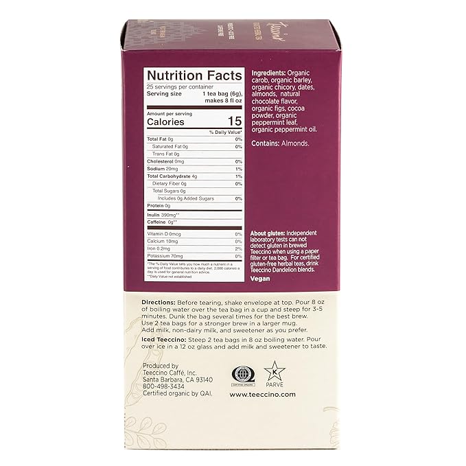 Teeccino Chocolate Peppermint Herbal Tea - Enjoy Hot or Iced Tea with Cooling Peppermint, Cocoa & Chicory, Prebiotic, Caffeine Free, Acid Free, 25 Tea Bags