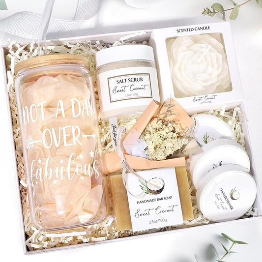 Spa Gift Baskets for Women, Sweet Coconut Birthday Gifts Baskets for Women, Spa Kit Gift Box, Bath and Body Relaxing Gifts Set for Mother Wife Sister Friends with Glass Cup Salt Scrub Shower Steamers