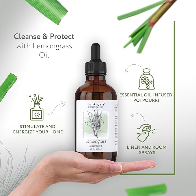 HBNO California Bottled Lemongrass Essential Oil 4 fl oz (120ml) - Natural Lemongrass Oil, Perfect for Cleaning, Aromatherapy, DIY, Soap & Diffuser - Lemongrass Essential Oils