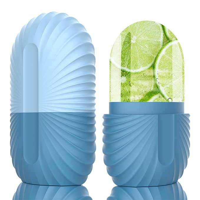 Ice Face Roller, Silicone Facial Ice Roller, Reusable Skin Care Massager Tools for Relieve Puffiness, Tighten Skin, Shrink Pores Shell Blue