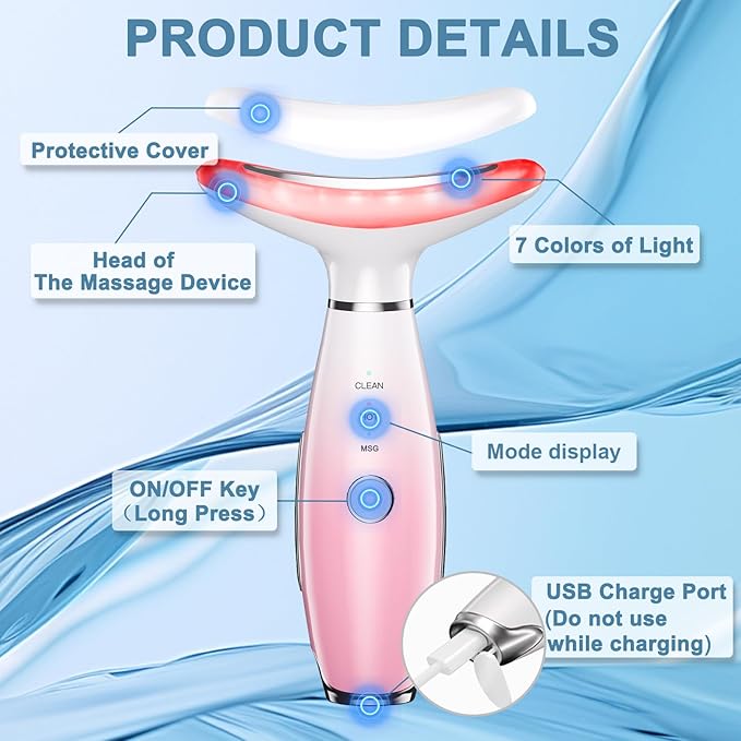 Facial and Neck Beauty Massager,7 Color Face and Neck Beauty Device with 3 Massage Modes,at Home Face Tool for Skin Care(Pink)