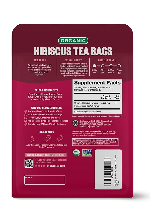 FGO Organic Hibiscus Herbal Tea, 40 Count, Eco-Conscious Tea Bags, Caffeine Free (Pack of 1)