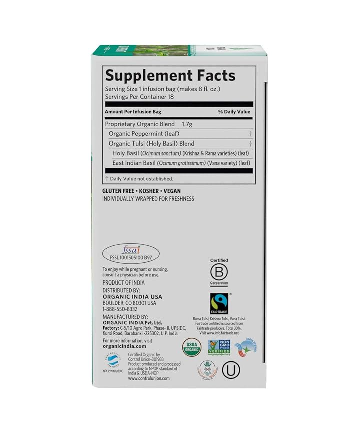 Organic India Tulsi Peppermint Herbal Tea - Holy Basil, Stress Relieving & Refreshing, Immune Support, Aids Digestion, Caffeine-Free - 18 Bags, 1 Pack