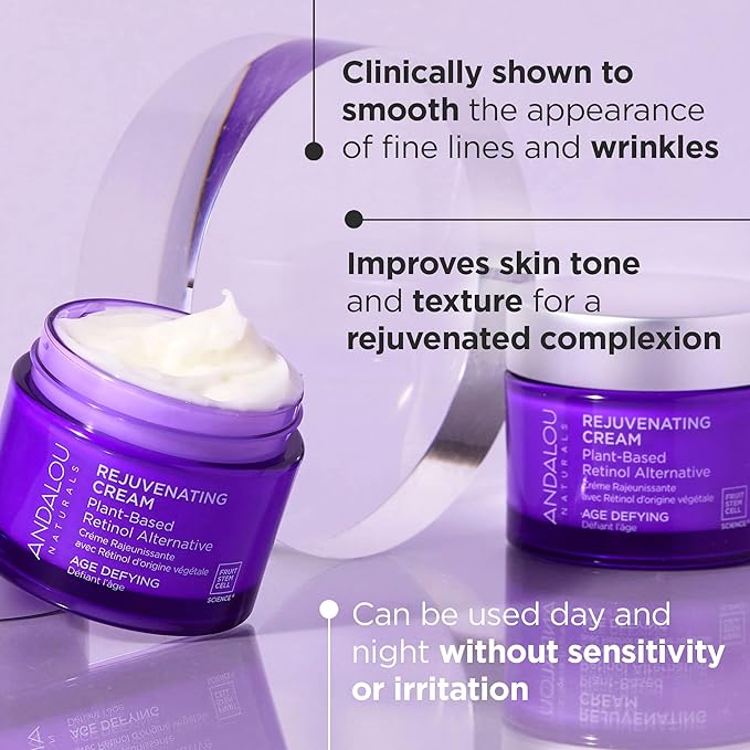 Andalou Naturals Age Defying Bakuchiol Plant-Based Retinol Face Moisturing Cream, 1.7 Ounce + Age Defying Rejuvenating Serum with Bakuchiol Plant-Based Retinol, 1 Oz, Minimize fine lines & Wrinkles
