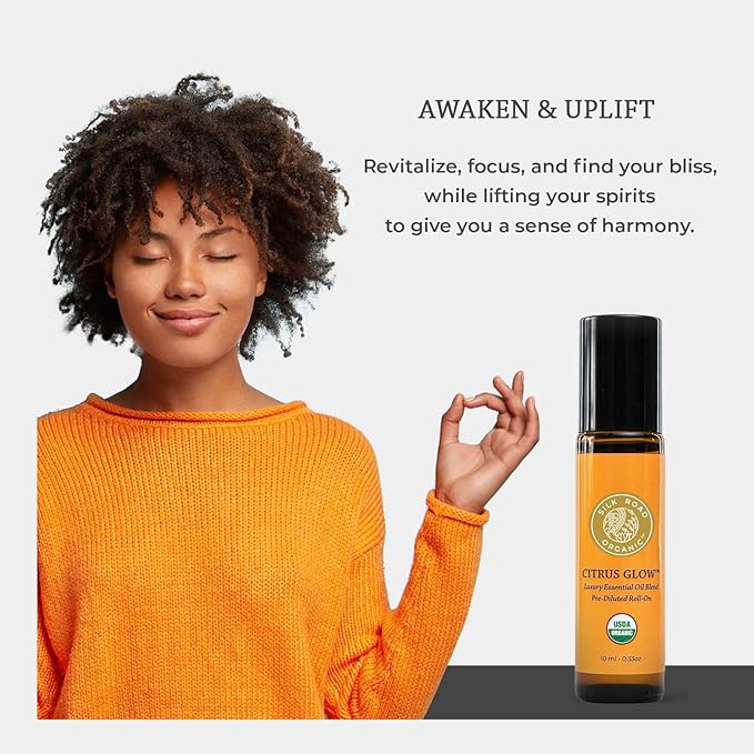 Silk Road Organic Citrus Glow Essential Oil Revive Blend Roll On, 100% Pure USDA Certified Citrus & Vanilla - Uplifting, & Energizing - 10 ml Roller - Always Pure, Always Organic