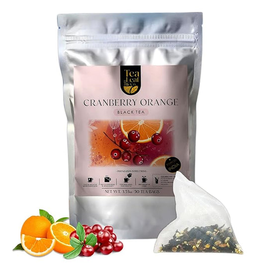 Tealeaf & Co. Cranberry Orange Black Tea Bags Blended with Fresh Herbs and Spices - Organic Black Tea Bags with Orange Peel, Star Anise & Hibiscus - Low Caffeine - Gluten Free - 50 Teabags