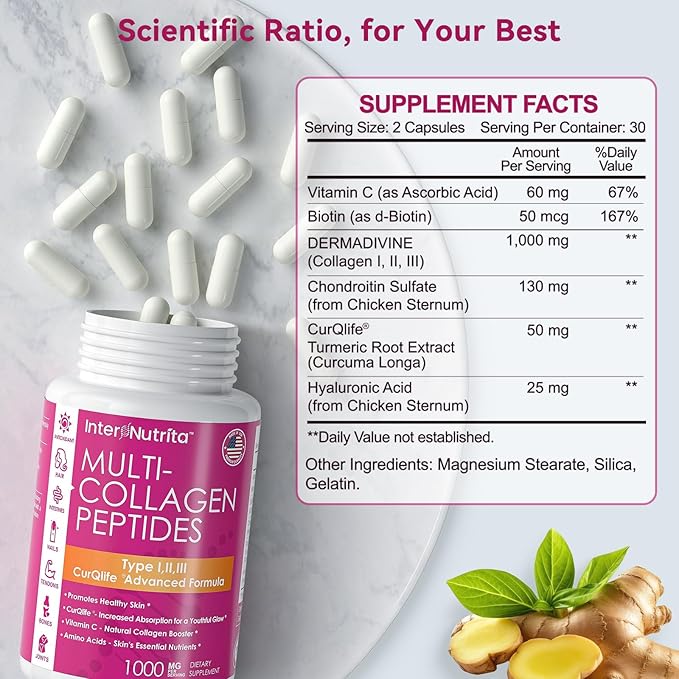 Collagen Peptides with Vitamin C, Multi Collagen Peptides Types I, II, III with Chondroitin Sulfate and Curcumin, Collagen Supplements for Skin, Hair Nail, Joint and Gut Health