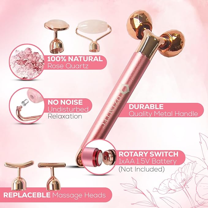 Beauty Bar Facial Rose Quartz 5 in 1 Facial Roller | Portable & Lightweight | and Facial Massage | Rose Quartz (AO001)