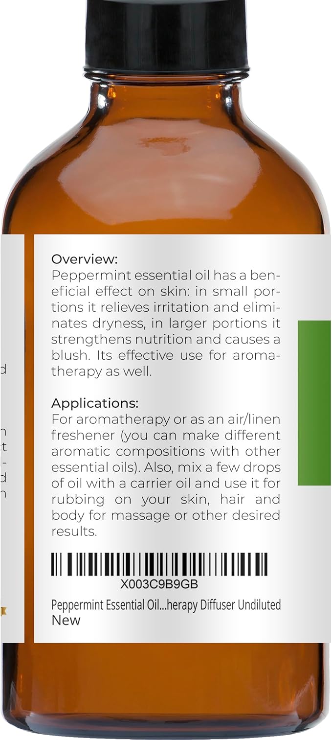 velona Peppermint Essential Oil 4 Fl Oz | Therapeutic Grade 100% Pure and Natural | for Aromatherapy Diffuser, Massage, Skincare, Haircare, Soapmaking | Undiluted and Multipurpose in Glass Bottle