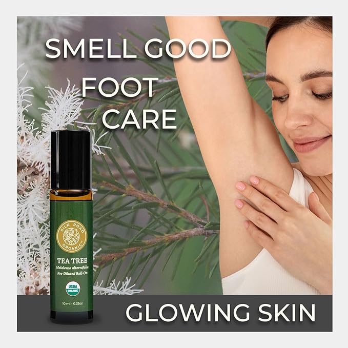 Silk Road Organic Tea Tree Essential Oil Roll On, 100% Pure USDA Certified – Healthy Skin, Toenails, Feet, Body Odor - 10 ml Roller - Always Pure, Always Organic