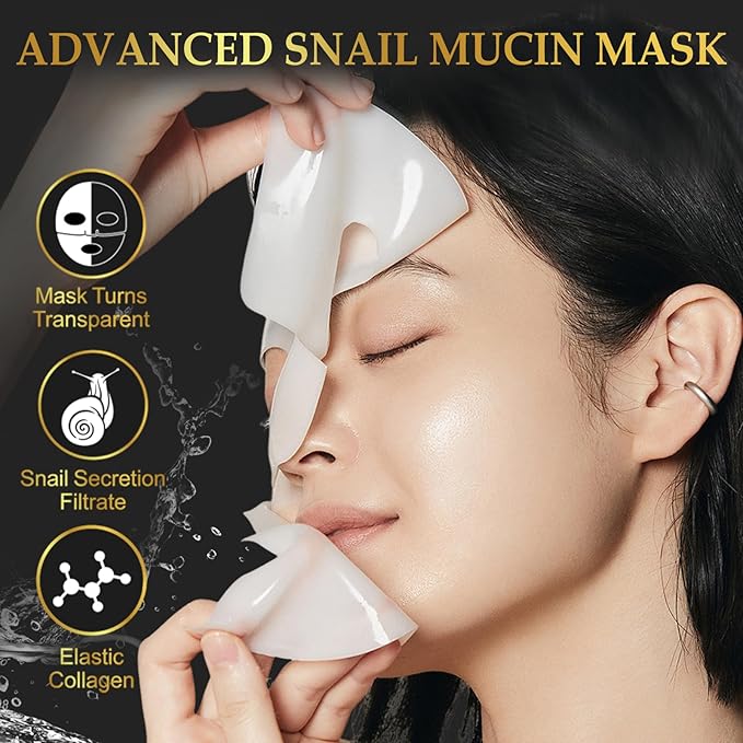 Snail Mucin Mask - Collagen Face Mask, 6 EA Face Sheet Mask with Advanced Snail Mucin Serum, Hydrating Facial Masks Skincare, Overnight Hydrogel Face Mask for Women, Korean Skin Care Glass Glow