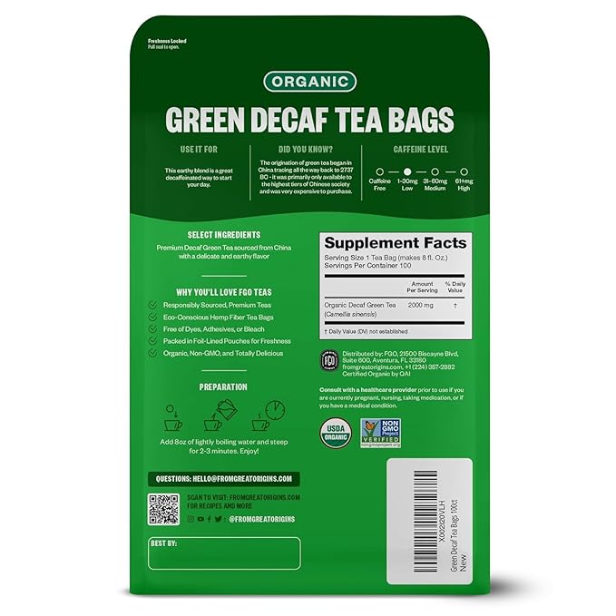 FGO Organic Green Decaf Tea, 100 Count, Eco-Conscious Tea Bags, Resealable Bag, Caffeine Free, Packaging May Vary (Pack of 1)