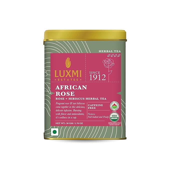 Luxmi Estates - African Rose - Organic Hibiscus Rose Tea - Loose Leaf - 50g (25 Cups) | With Soothing Rose and Hibiscus | Great for Skin DeTox - Supports a Healthy Glow