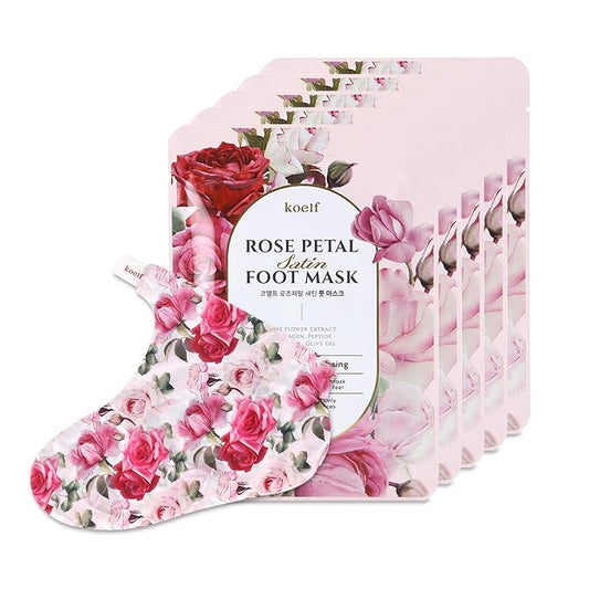 PETITFEE Rose Petal Satin Foot Mask (5pairs) - Intensive Nourishing Socks, Rose Scented Foot Repair Masks with Peptide, Collagen, Shea Butter, Urea for Silky Smooth Feet, Foot Treatment, Body Mask