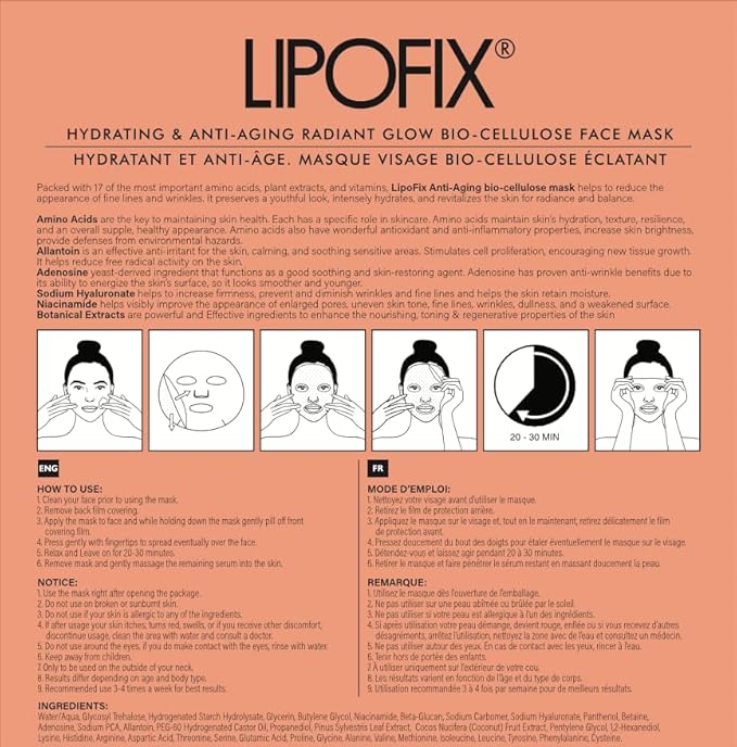 Anti Aging Lifting Hydrating Facial Bio Cellulose Face Mask Sheet For Fine Line Reducing And Skin Radiance. Made in Korea 5 Masks