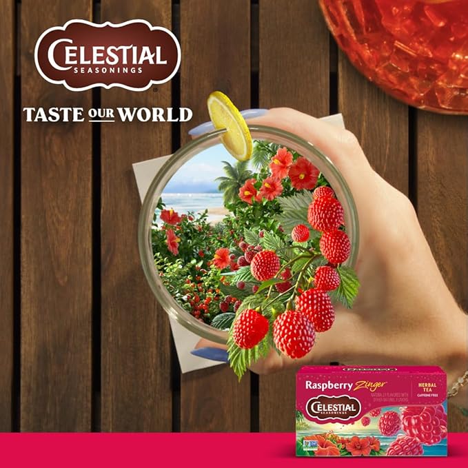 Celestial Seasonings Raspberry Zinger Herbal Tea, Caffeine Free, 20 Tea Bags Box