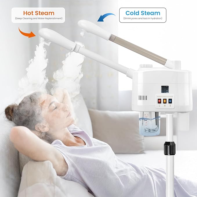Professional 2 in 1 Ozone Facial Steamer on Wheels - Hot & Cold with Time Setting, Adjustable Height for Spa, Salon & Home