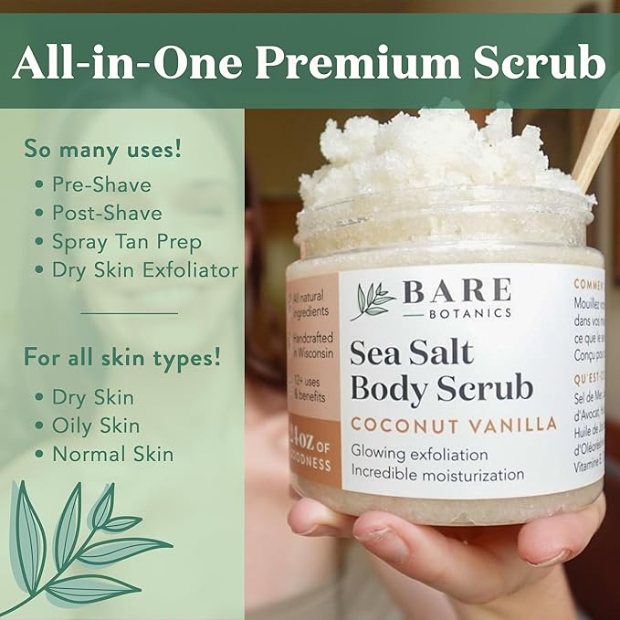 Bare Botanics Coconut Coffee Body Scrub 24oz | Made in Madison, WI | All Natural Sea Salt Exfoliator w/ Skin Loving Moisturizers | Vegan & Cruelty Free | Gift Ready Packaging w/ a Cute Wooden Spoon