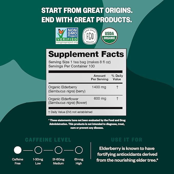 FGO Organic Elderberry Herbal Tea, 20 Count, Eco-Conscious Tea Bags, Caffeine Free, Resealable Bag, Packaging May Vary (Pack of 1)