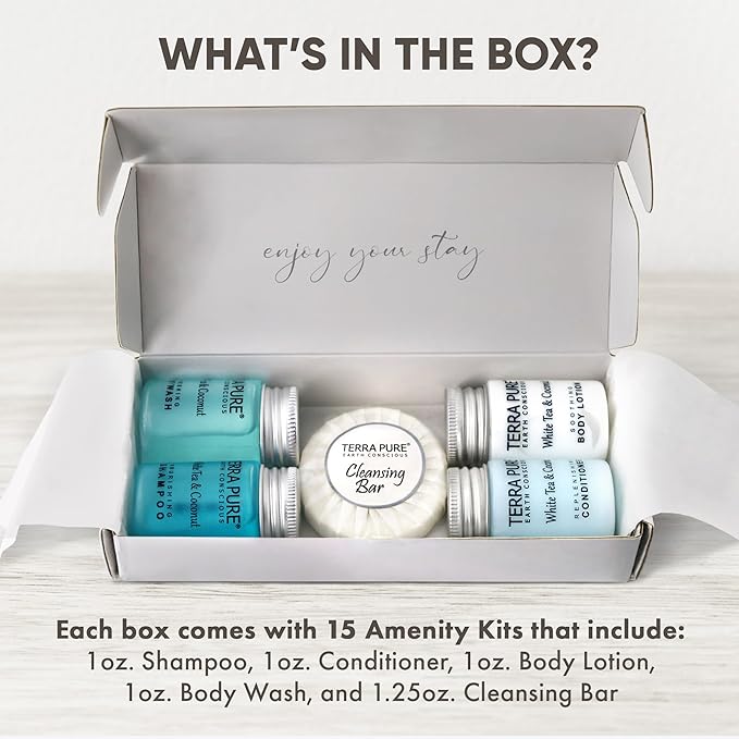 Terra Pure White Tea & Coconut Amenity Kit | Hotel Bulk Toiletries | 1 oz Shampoo, Conditioner, Lotion, Body Wash, Cleansing Bar for Guest Hospitality Vacation Rentals| 15 Sets/Case