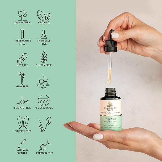 Gaia Body Care 5% Bakuchiol Oil Organic - Anti Aging, Anti Wrinkle, Reduces Fine Lines, Smooths Skin, Hydrates - Botanical Vegan - Natural Retinol Alternative Facial Oil (1oz, Rose)