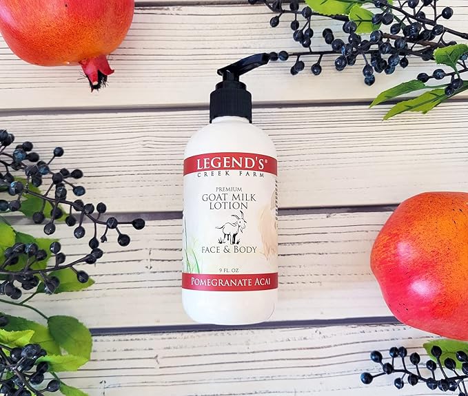 Legend's Creek Farm Goat Milk Lotion - Moisturizing Goat Milk Body Lotion for Body, Hand & Face - 9 oz Body Moisturizer with Shea Butter, Sunflower Oil, Aloe (2-Pack, Pomegranate Acai)