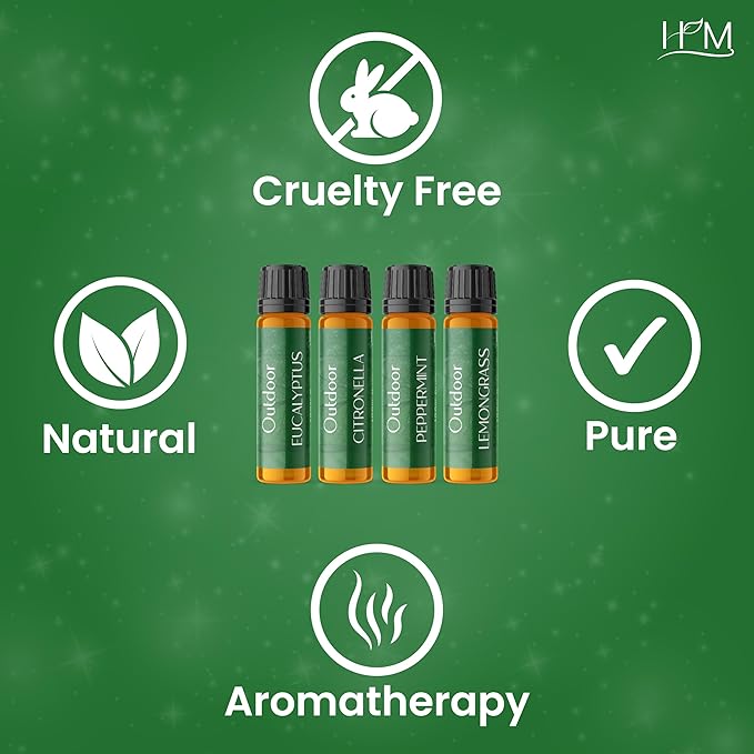 HM Outdoor Essential Oil Kit – 4 Pack | Gift Set | Lemongrass, Eucalyptus, Citronella, Peppermint | Refreshing Aromatherapy for Camping, Patio & Outdoor Use – 1.35 FL OZ Each
