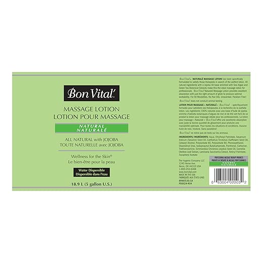 Bon Vital' Naturale Massage Lotion with Natural Ingredients for Earth-Friendly Massage, All Natural Moisturizer, Relieves Muscle Soreness and Increases Circulation, 5 Gal, Label may Vary