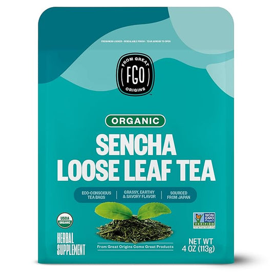 FGO Organic Sencha Green Tea, 4 Ounce Loose Leaf, Resealable Bag, Sourced from Japan, Packaging May Vary (Pack of 1)