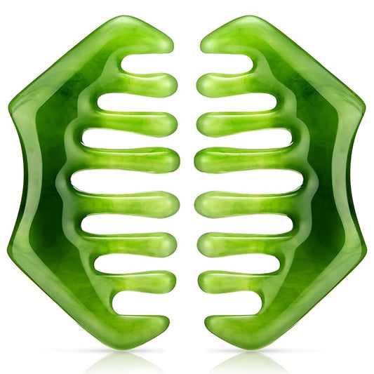 Geiserailie 2 Pieces Jade Combs Massage Stone Hair Gua Sha Scraping Scalp Comb Facial Massage Tool Multifunctional Handheld Head Tools Head Caring Therapy Mother's Day Gift (Dark Green Style)