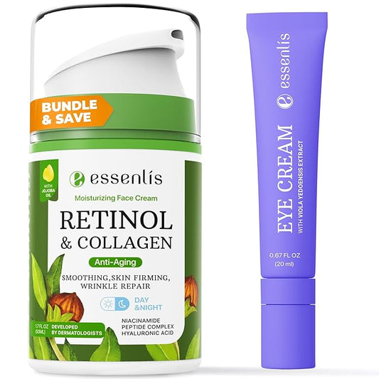 Retinol Collagen Cream, Anti Aging Face Moisturizer and Caffeine Eye Cream for Dark Circles and Puffiness