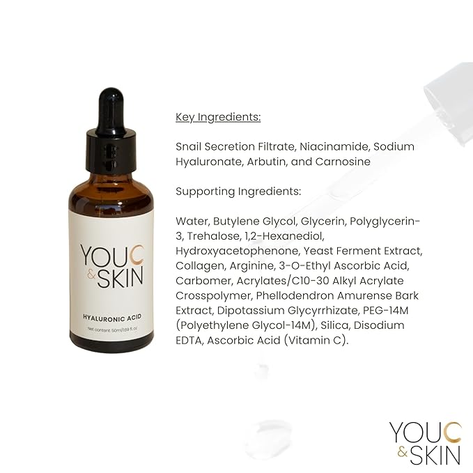 You C & Skin Hyaluronic Acid Serum for Face & Neck for Men & Women - Intense Hydration, Boosts Skin Elasticity, Repairs Skin Barrier