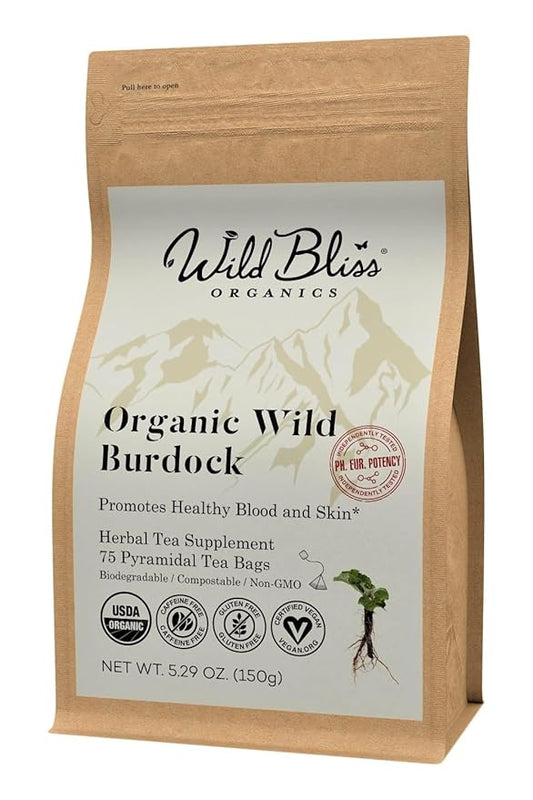 Wild Bliss Organic Burdock Root Tea - Caffeine Free Herbal Detox Support - Pharmacopoeia Quality - 75 Plant Based Tea Bags