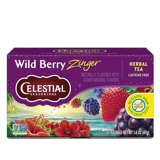 Celestial Seasonings Wild Berry Zinger Herbal Tea, Caffeine Free, 20 Tea Bags Box