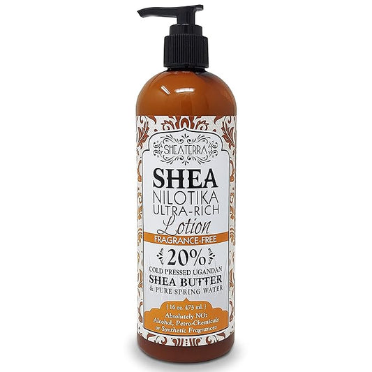 Shea Terra Organics Nilotik’ Shea Butter Ultra-Rich Lotion – Fragrance-Free | Natural Anti-Aging Daily Skin, Nails & Hair Cream to Soften Dry Skin, Reduce Wrinkles & Stretch Marks – 16 oz