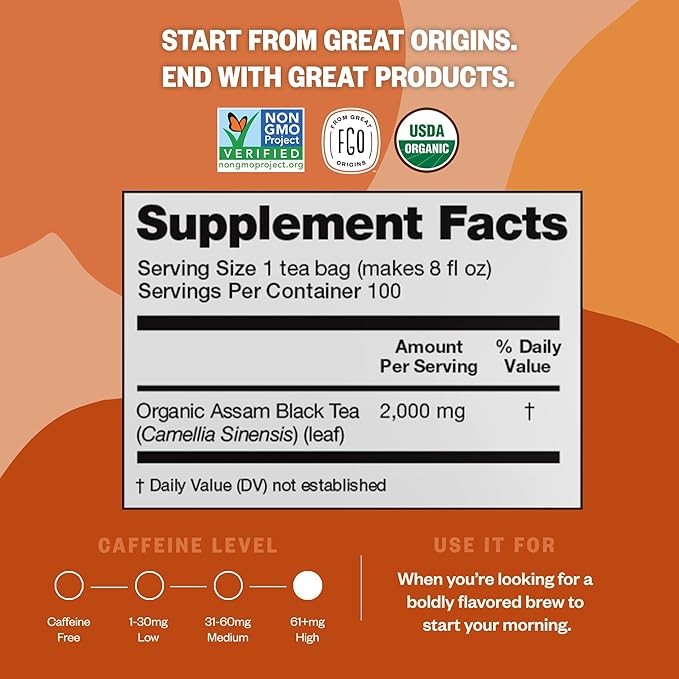 FGO Organic Assam Tea, 100 Count, Eco-Conscious Black Tea Bags, Resealable Bag, Packaging May Vary (Pack of 1)